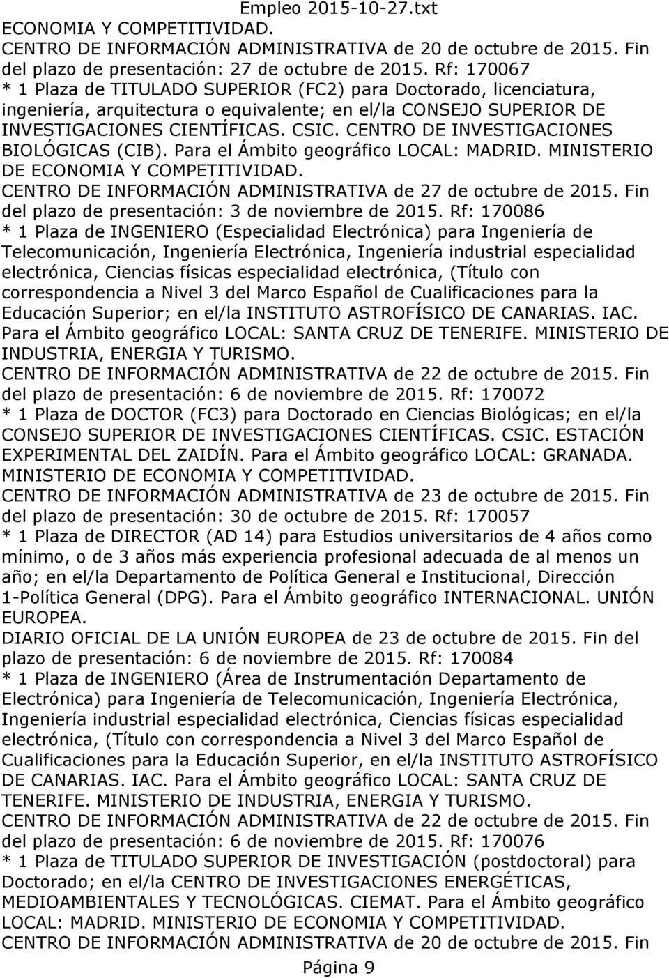 CENTRO DE INVESTIGACIONES BIOLÓGICAS (CIB). Para el Ámbito geográfico LOCAL: MADRID. MINISTERIO DE ECONOMIA Y COMPETITIVIDAD. CENTRO DE INFORMACIÓN ADMINISTRATIVA de 27 de octubre de 2015.