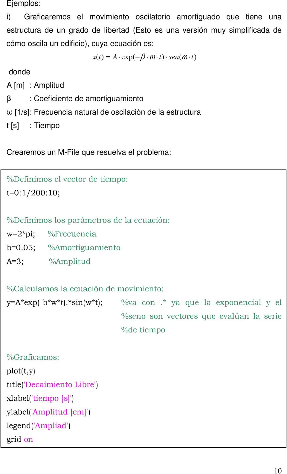 problema: %Definimos el ector de tiempo: t=0:1/00:10; %Definimos los parámetros de la ecuación: w=*pi; %Frecuencia b=0.