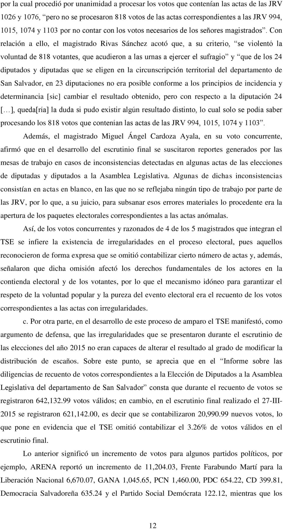 Con relación a ello, el magistrado Rivas Sánchez acotó que, a su criterio, se violentó la voluntad de 818 votantes, que acudieron a las urnas a ejercer el sufragio y que de los 24 diputados y