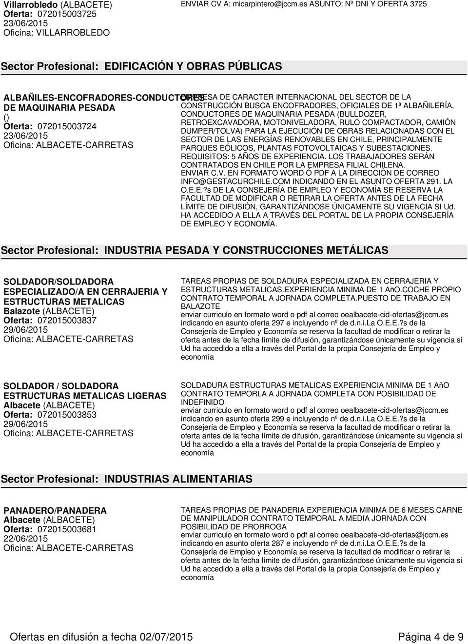 CONSTRUCCIÓN BUSCA ENCOFRADORES, OFICIALES DE 1ª ALBAÑILERÍA, () CONDUCTORES DE MAQUINARIA PESADA (BULLDOZER, RETROEXCAVADORA, MOTONIVELADORA, RULO COMPACTADOR, CAMIÓN Oferta: 072015003724