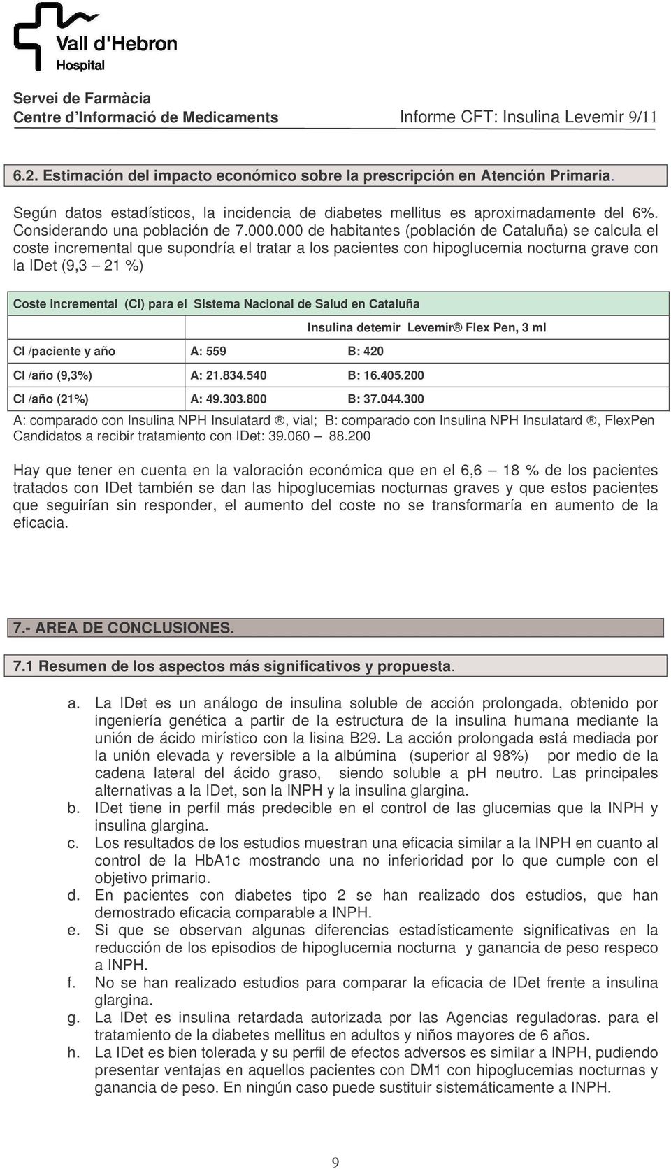 000 de habitantes (población de Cataluña) se calcula el coste incremental que supondría el tratar a los pacientes con hipoglucemia nocturna grave con la IDet (9,3 21 %) Coste incremental (CI) para el