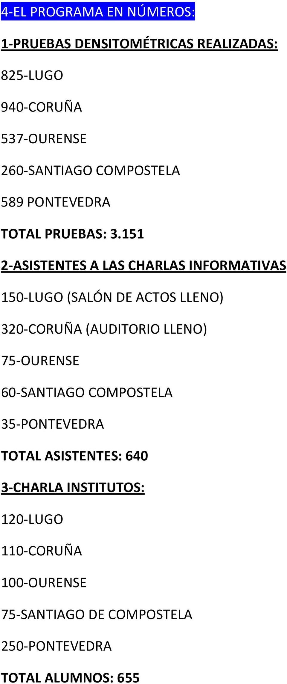 151 2-ASISTENTES A LAS CHARLAS INFORMATIVAS 150-LUGO (SALÓN DE ACTOS LLENO) 320-CORUÑA (AUDITORIO LLENO)