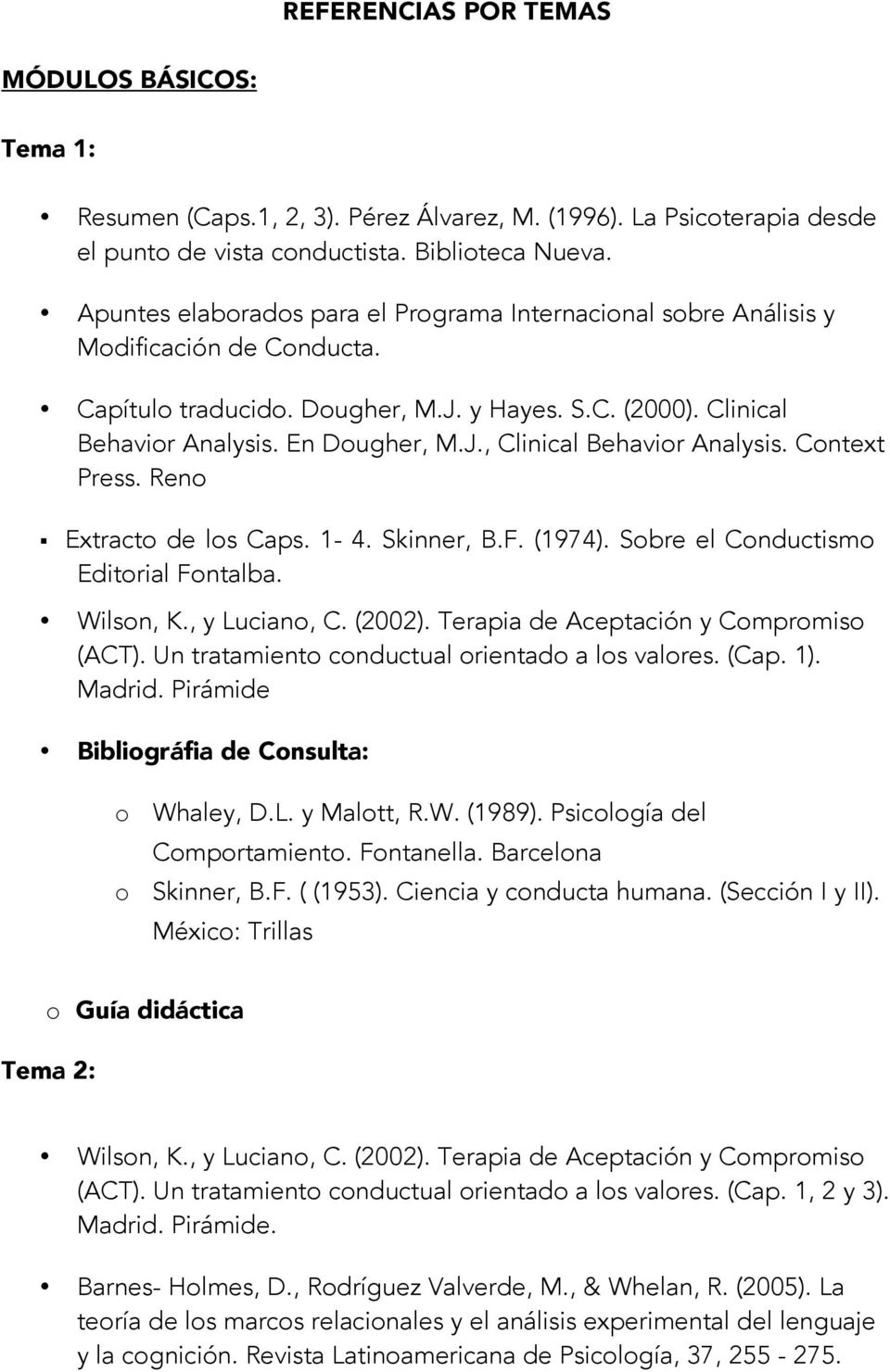 Context Press. Reno Extracto de los Caps. 1-4. Skinner, B.F. (1974). Sobre el Conductismo Editorial Fontalba. Wilson, K., y Luciano, C. (2002). Terapia de Aceptación y Compromiso (ACT).