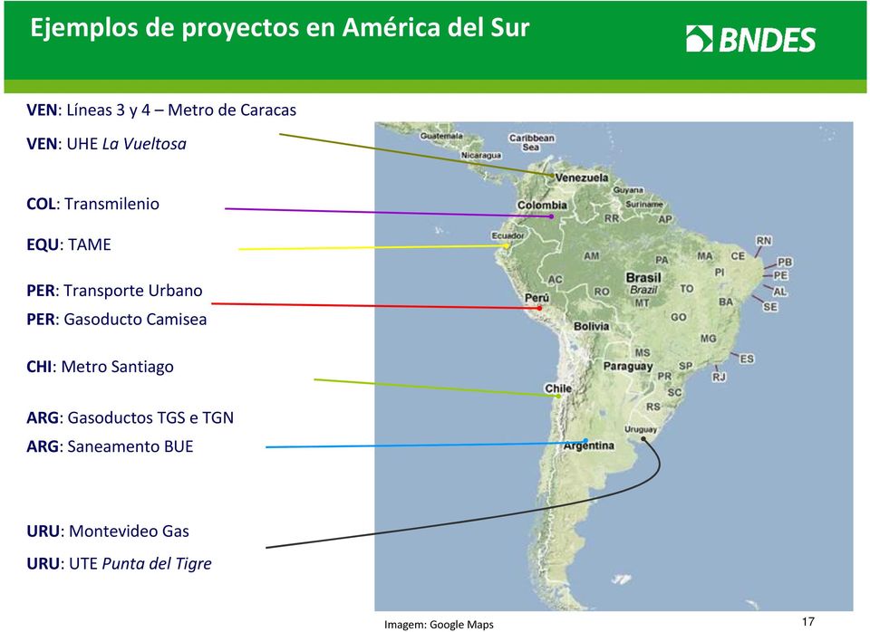 PER: Gasoducto Camisea CHI: Metro Santiago ARG: Gasoductos TGS e TGN ARG: