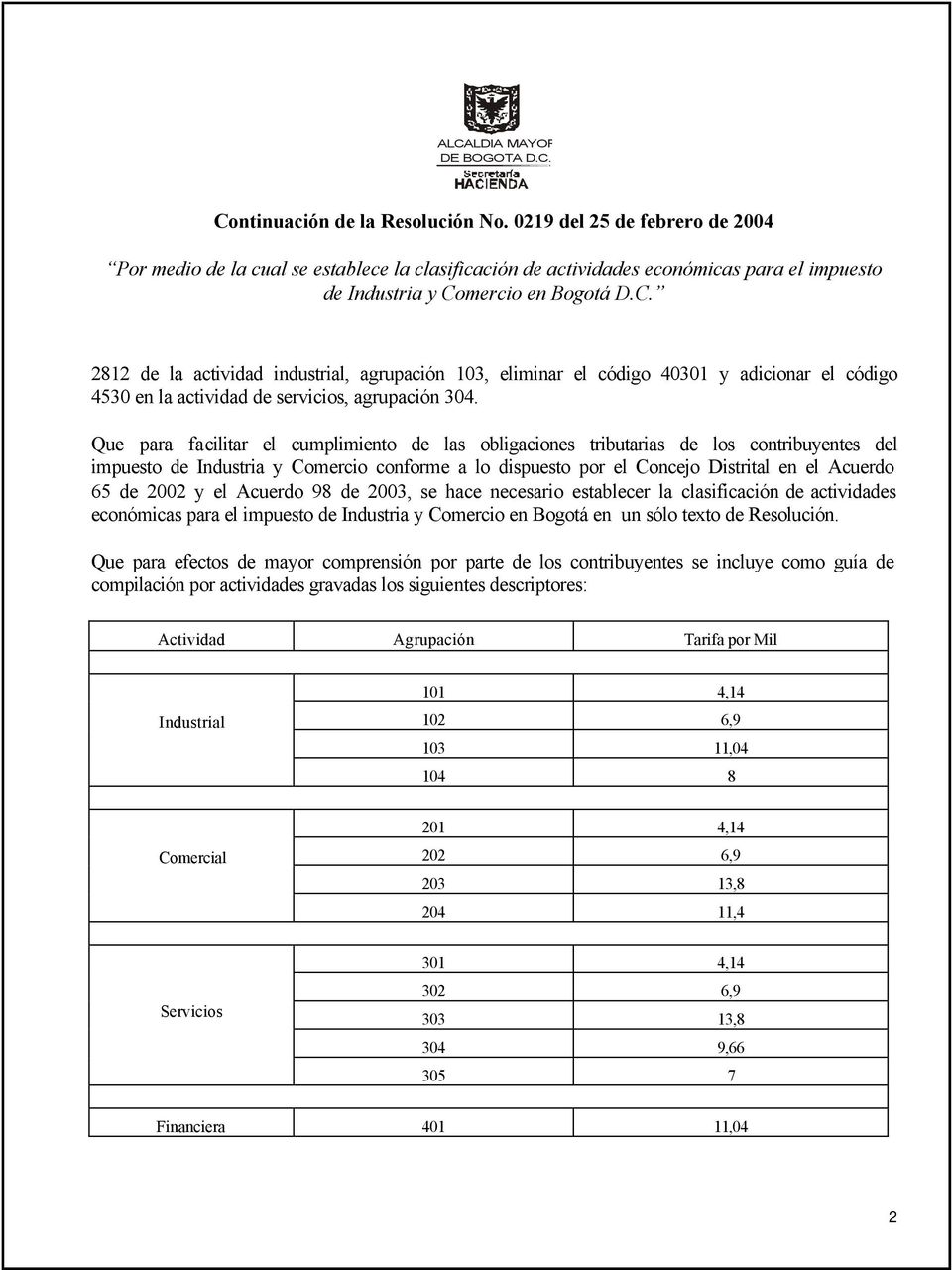 y el Acuerdo 98 de 2003, se hace necesario establecer la clasificación de actividades económicas para el impuesto de Industria y Comercio en Bogotá en un sólo texto de Resolución.