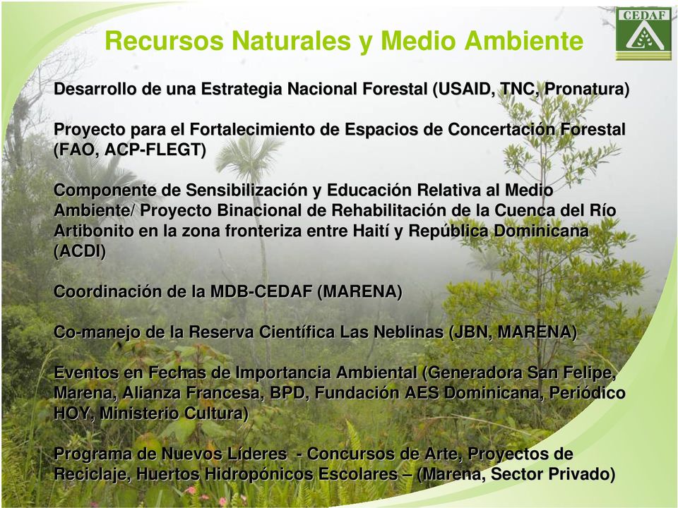 Dominicana (ACDI) Coordinación n de la MDB-CEDAF (MARENA) Co-manejo de la Reserva Científica Las Neblinas (JBN,( MARENA) Eventos en Fechas de Importancia Ambiental (Generadora San Felipe, e, Marena,,