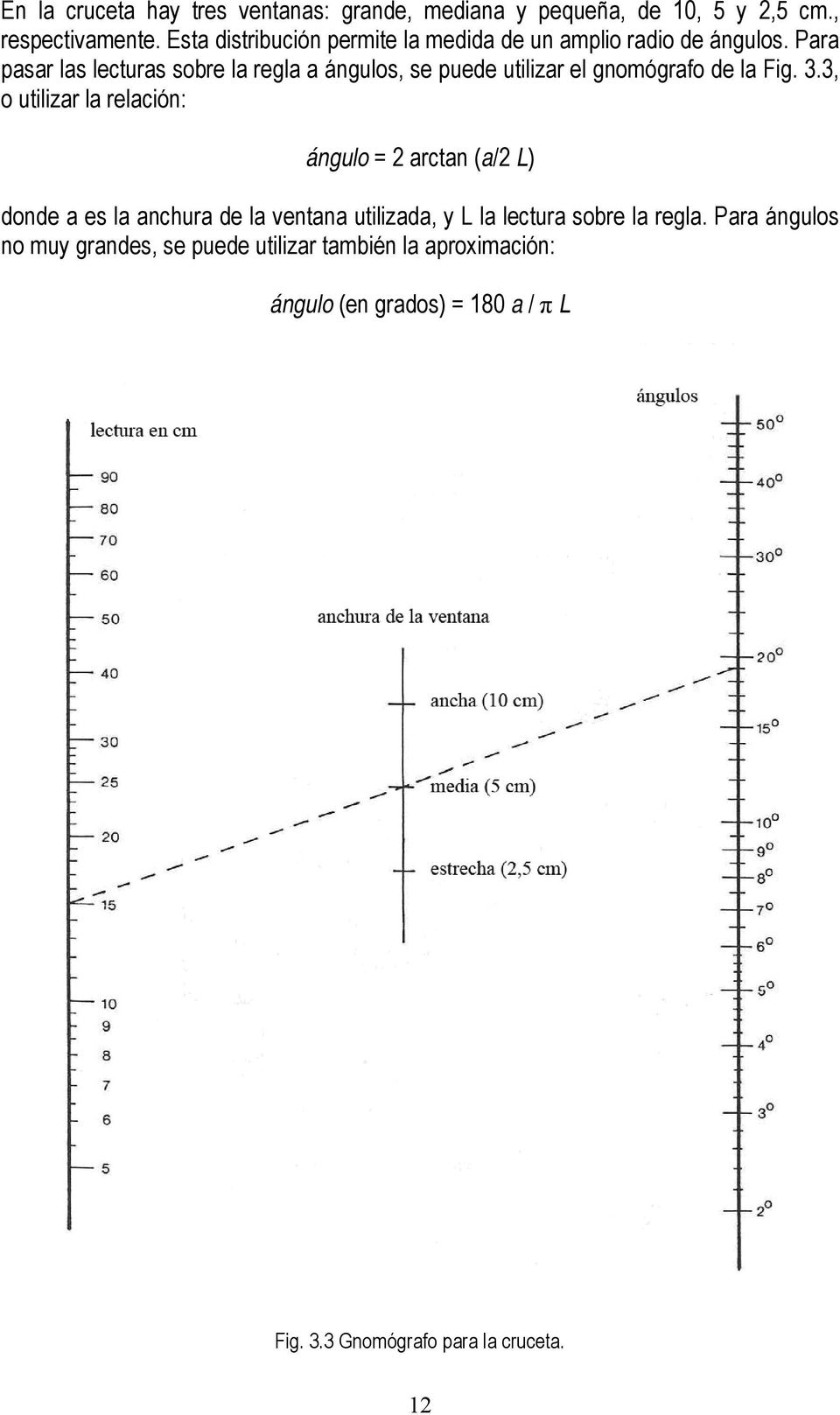 Para pasar las lecturas sobre la regla a ángulos, se puede utilizar el gnomógrafo de la Fig. 3.