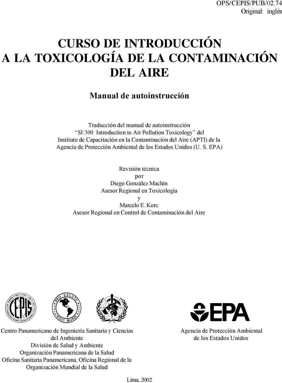 Toxicology del Instituto de Capacitación en la Contaminación del Aire (APTI) de la Agencia de Protección Ambiental de los Estados Unidos (U. S.