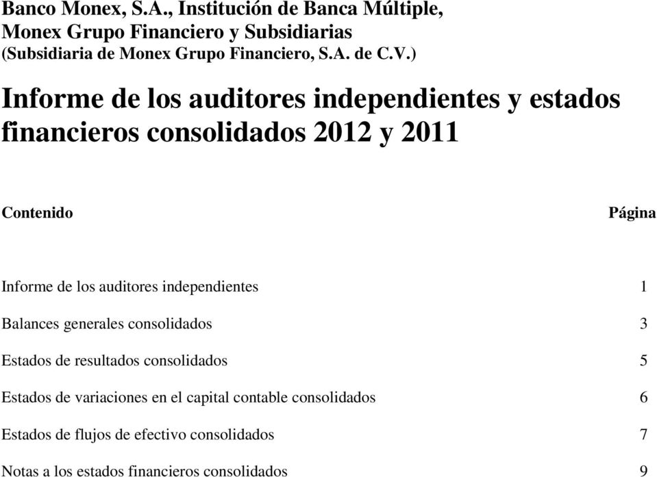 ) Informe de los auditores independientes y estados financieros consolidados 2012 y 2011 Contenido Página Informe de los