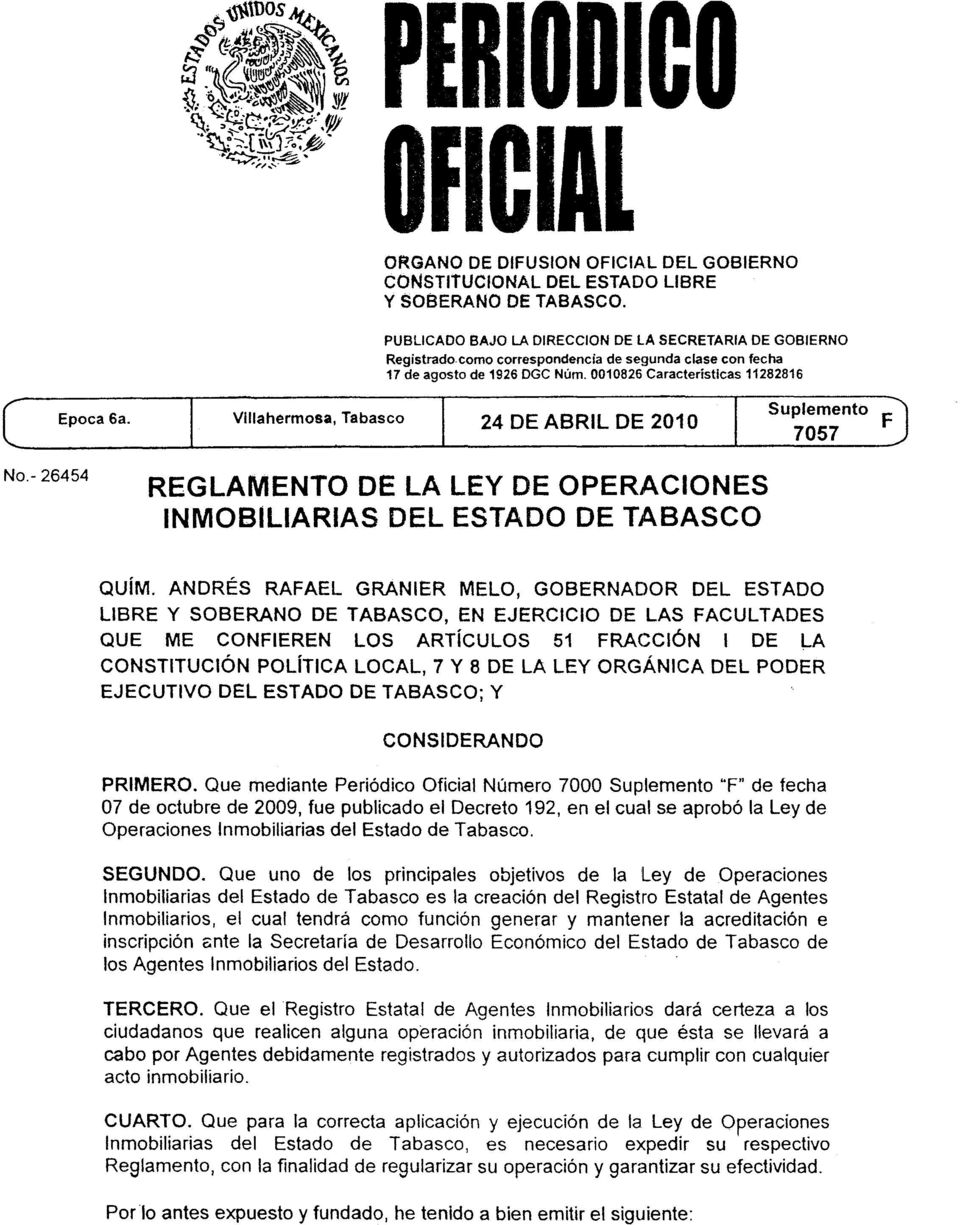 - 26454 REGLAMENTO DE la LEY DE OPERACIONES INMOBiliARIAS DEL ESTADO DE TABASCO QUíM.
