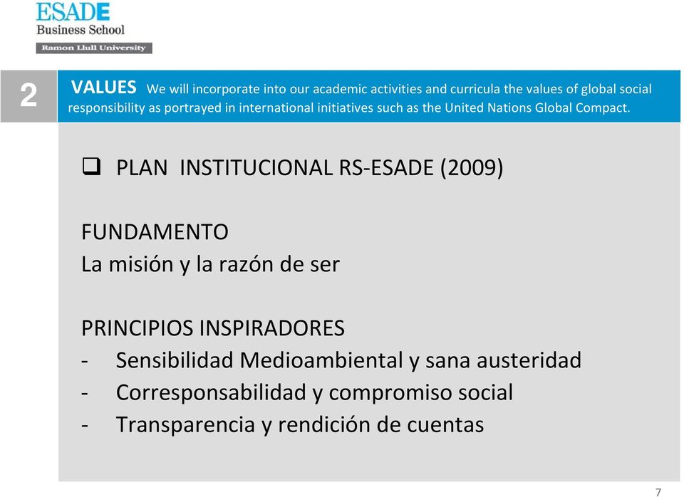 PLAN INSTITUCIONAL RS ESADE (2009) FUNDAMENTO La misión y la razón de ser PRINCIPIOS INSPIRADORES