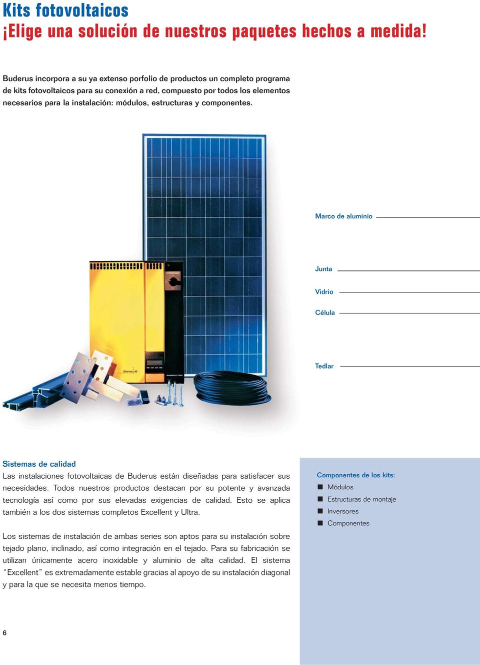 estructuras y componentes. Marco de aluminio Junta Vidrio Célula Tedlar Sistemas de calidad Las instalaciones fotovoltaicas de Buderus están diseñadas para satisfacer sus necesidades.