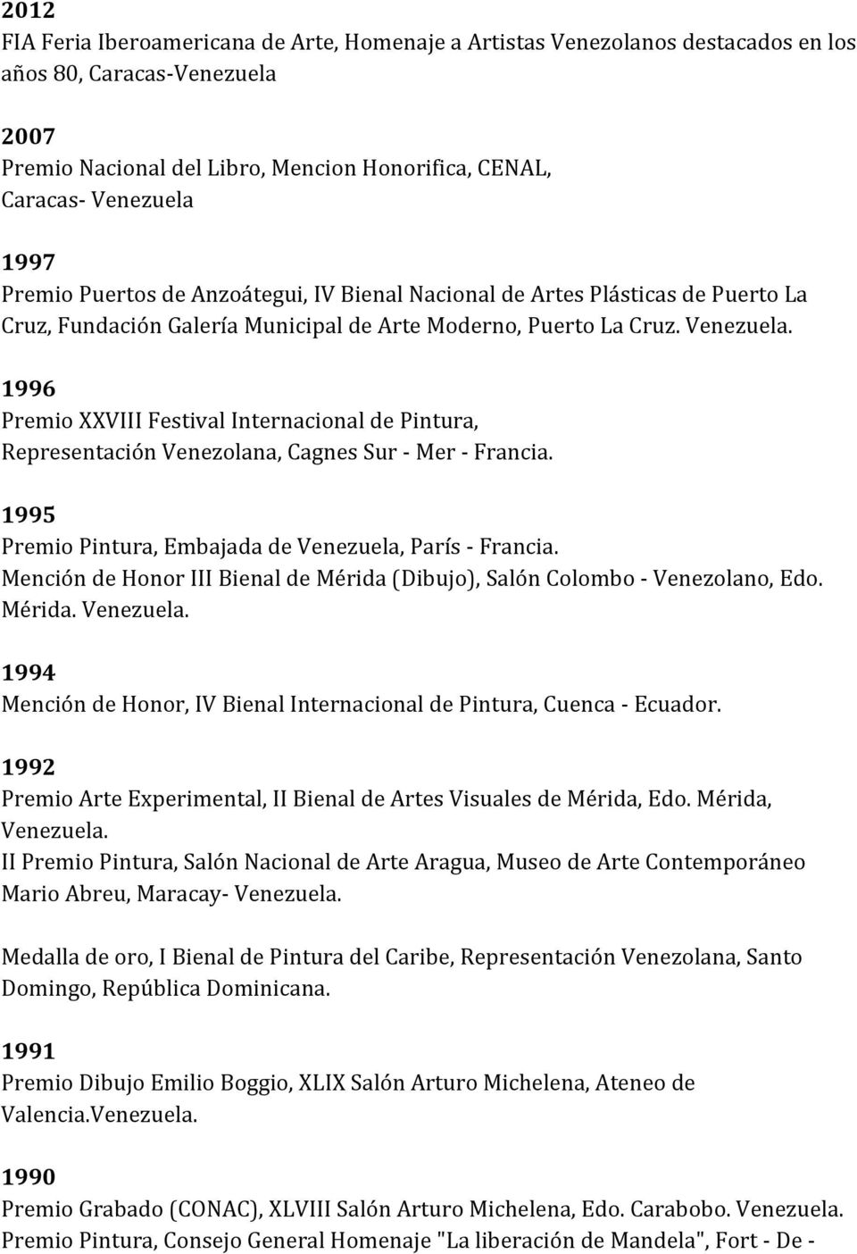 1996 Premio XXVIII Festival Internacional de Pintura, Representación Venezolana, Cagnes Sur - Mer - Francia. 1995 Premio Pintura, Embajada de Venezuela, París - Francia.