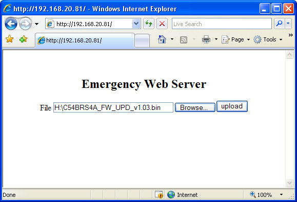 Recuperando el firmware 11. Abra un navegador web, por ejemplo Internet Explorer, e introduzca la dirección http://192.168.20.81 en la barra de direcciones. 12.