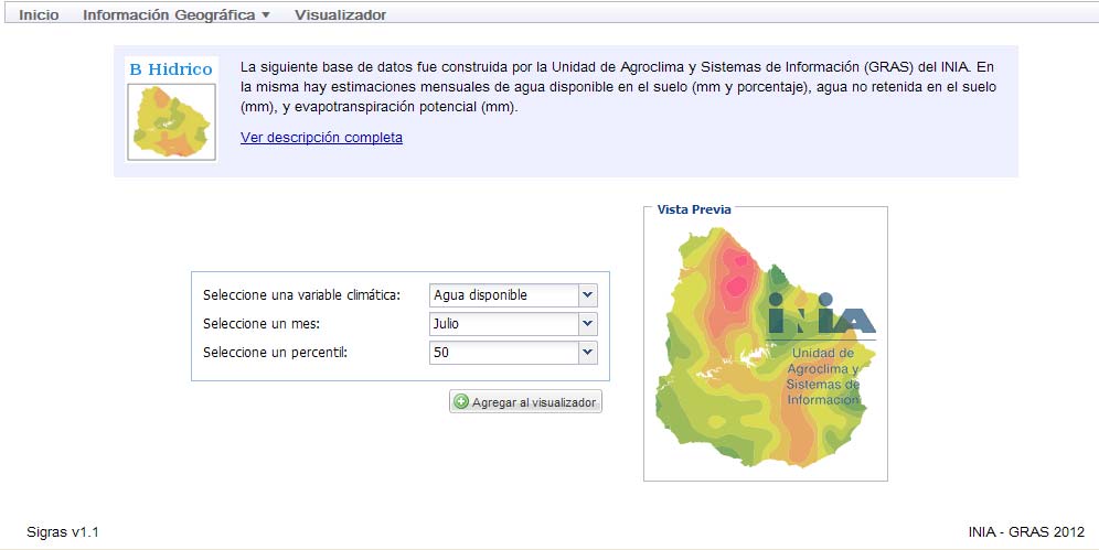 Respecto al Balance Hídrico para los suelos del Uruguay (Imagen 7), en la base de datos figuran estimaciones mensuales de agua disponible en el suelo (mm y porcentaje), agua no retenida en el suelo