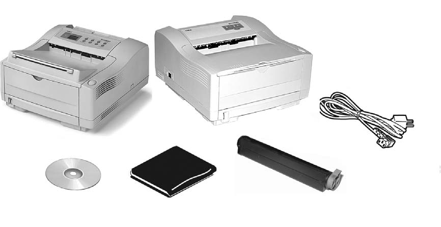 Check contents. (1) Printer, (2) CD, (3) Light-shield bag, (4) Toner Cartridge, (5) Power Cable. Vérification du contenu.