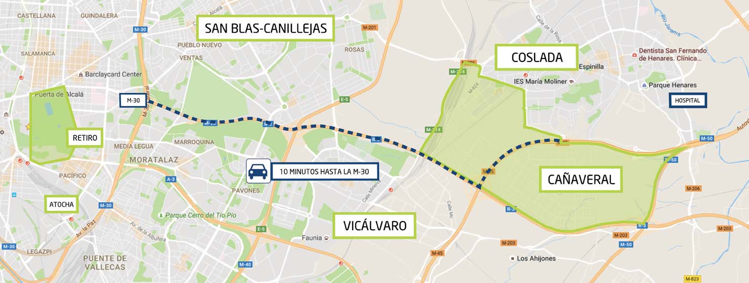 El Cañaveral está entre la M-45 y la R-3, consiguiendo así una situación privilegiada sin salir de la capital. Además, esta zona de desarrollo contará con paradas de metro y numerosos autobuses.