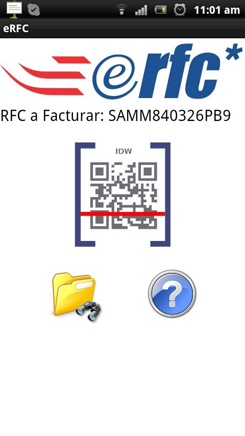 6. Solicitando CFDI con la App erfc Móvil Asegúrese del RFC que va a utilizar, éste se muestra en la parte superior de la pantalla debajo