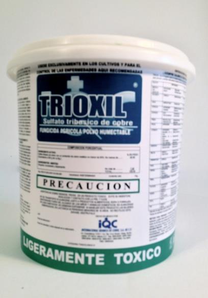 TRIOXIL TRIOXIL es un fungicida cúprico de contacto, formulado como polvo humectable para ser aplicado en aspersión al follaje, útil para prevenir y controlar enfermedades fungosas que dañan a los