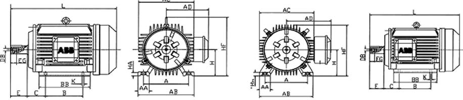 Motores de aplicación general en hierro fundido Dimensionales Carcasas 71132 Motor con patas y bridas; M B35 (IM 2001), IM V15 (IM 2011), IM V 36 (IM 2031) Motores de aplicación general en hierro