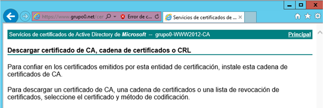 En este momento, el servidor WWW ya puede obtener el certificado. Accedemos nuevamente al servidor de certificados https://www.grupoxx.net/certsrv.
