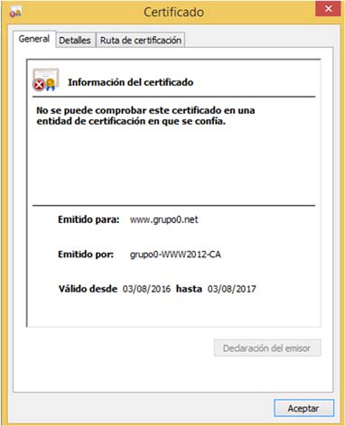 Como observamos el navegador indica que tenemos problemas con el certificado. Nos indica que el certificado no ha sido emitido por una entidad de certificación de confianza.
