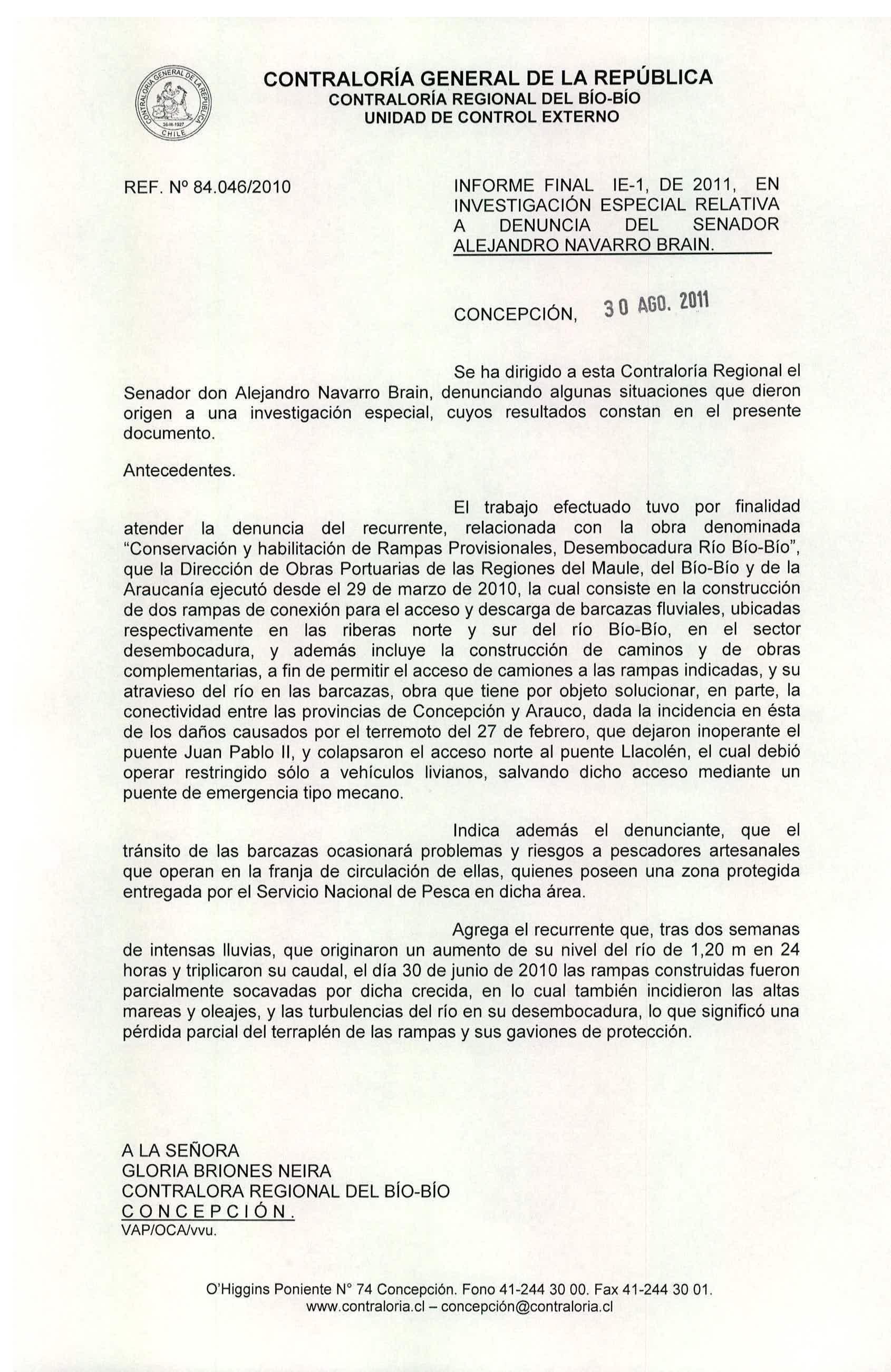 CONTRALORíA GENERAL DE LA REPÚBLICA CONTRA LO RíA REGIONAL DEL sío-sío UNIDAD DE CONTROL EXTERNO REF. N 84.