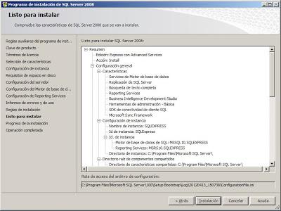 Antes de la instalación definitiva de SQL Server Express 2008 x64 el asistente nos mostrará un resumen con las opciones elegidas.