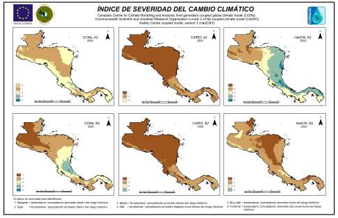 Figura 80. Índice de severidad del cambio climático para Centroamérica, año 2020, para el escenario B2 y A2.