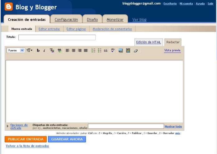 EDITAR BLOG Ahora puedes empezar a editar tu blog. Para crear tus entradas, tienes que darle un Título al mismo y escribir el contenido del mismo en el pequeño editor.