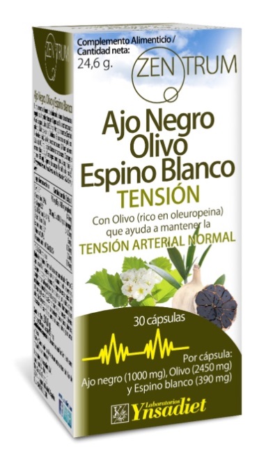 ZENTRUM AJO NEGRO, ESPINO BLANCO Y OLIVO Ingredientes por cápsula: Olivo E.S. (350 mg), Ajo Negro E.S. (100 mg), Espino blanco E.S. (65 mg). Ingredientes activos Olivo E.S.* Oleuropeina (20%).
