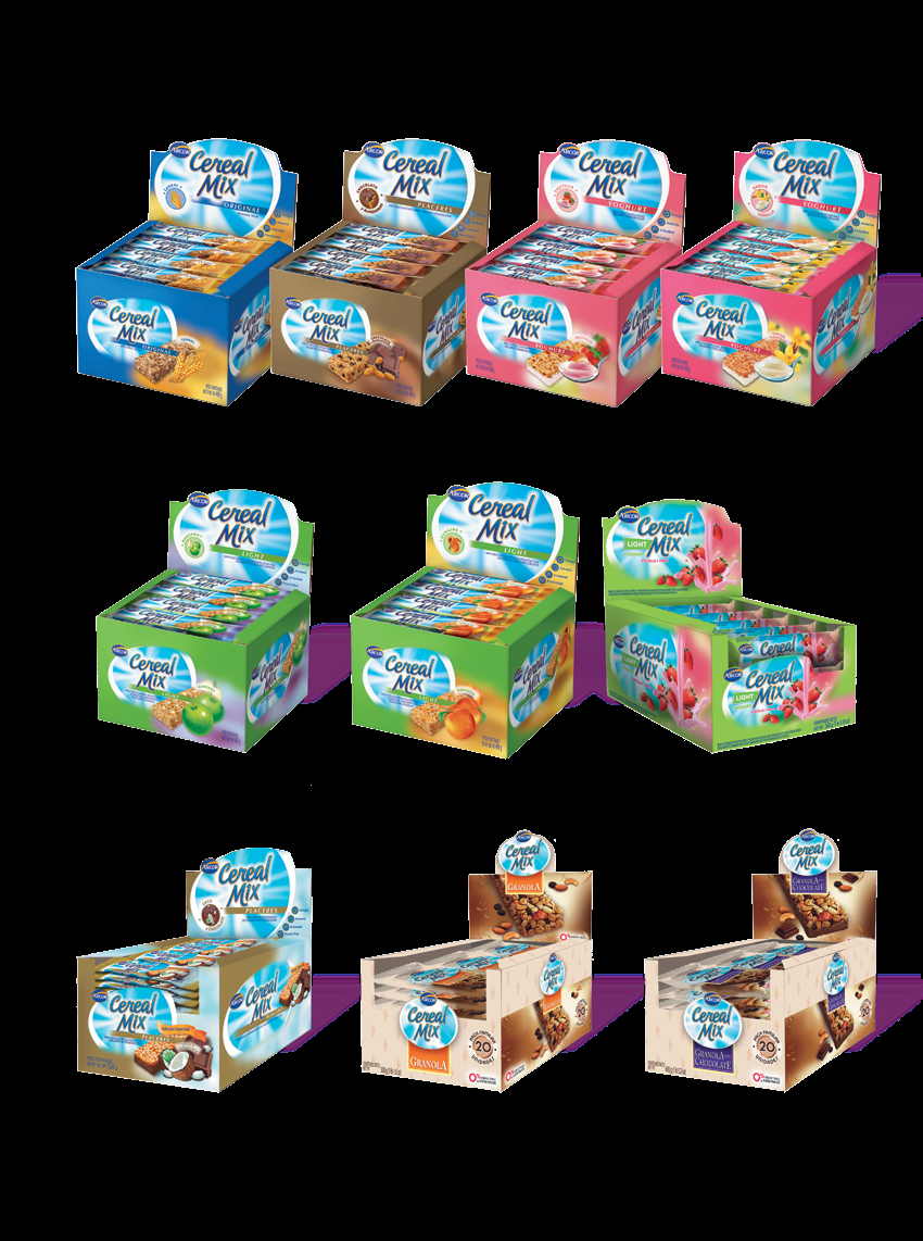 Cereal Mix BARRAS 3786 Original cereal 6 x 20 x 23 g. 3789 Placeres chocolate 6 x 20 x 23 g. 6626 Yoghurt frutilla 6 x 20 x 28 g. 6627 Yoghurt vainilla 6 x 20 x 28 g.