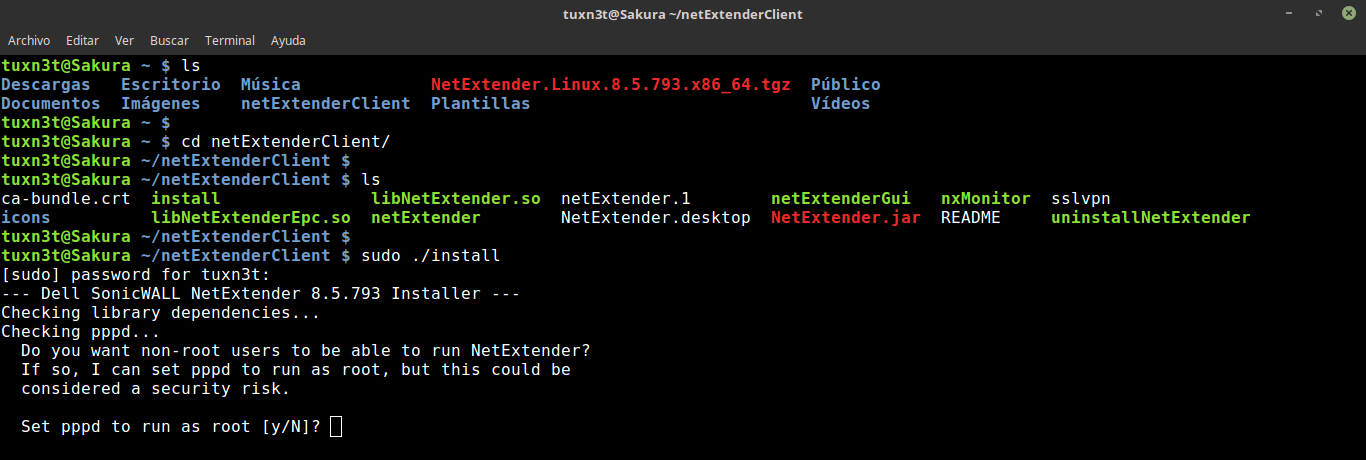 Esto genera la carpeta netextenderclient, la cual contiene los archivos de instalación del programa NetExtender Client.