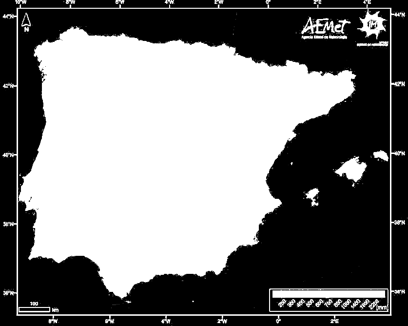 Figura 53: Precipitación en la Península Ibérica e Islas Baleares. Fuente: AEMET- ATLAS CLIMÁTICO IBÉRICO. TEMPERATURA DEL AIRE Y PRECIPITACIÓN (1971-2000). 4.2.6.