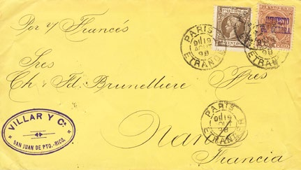 iberphil Puerto Rico-Impuesto de Guerra 1751 3 600 1874. 1 pts castaño. SAN JUAN a CADIZ, reexpedida a PUERTO REAL, circulada vía Inglaterra y Madrid.