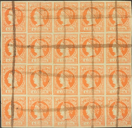 Subasta filatelia 5 MAYO 2016 265 52F(2) 75 Conjunto de dos sellos del 4 cuartos naranja FALSO POSTAL TIPO XII, inutilizados con el matasello R.