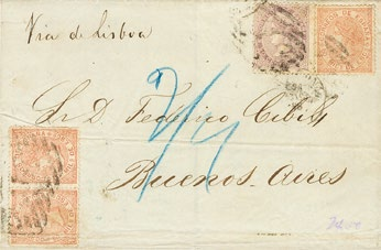 iberphil 438 92, 96(2) 675 1868. 20 cts lila y 50 cts castaño claro, dos sellos. BILBAO a BURDEOS (FRANCIA).
