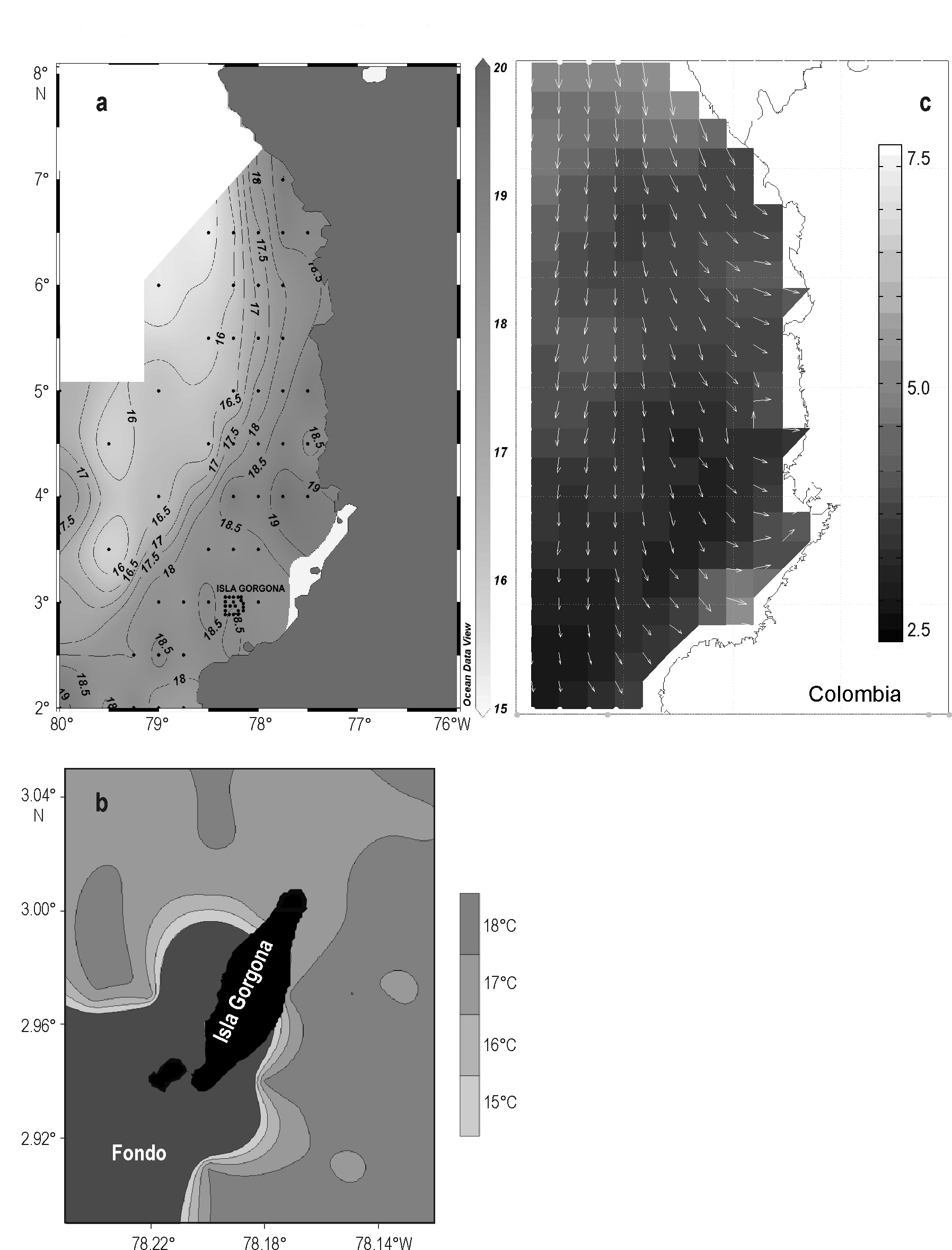 Oceanografía en isla Gorgona 125 Figura 4. Distribución horizontal de la temperatura a 20 m de profundidad y del viento a 10 m sobre el nivel del mar en la zona de estudio.