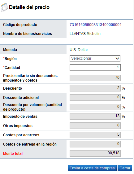 El botón Enviar a cesta de compras, se muestra solamente a los usuarios de Institución Orden de pedido.