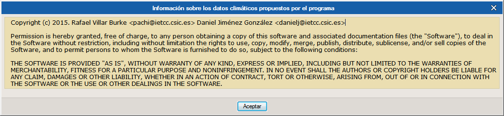Los ficheros climáticos propuestos por el programa son los publicados por Rafael Villar Burke y Daniel Jiménez González en la página web https://github.