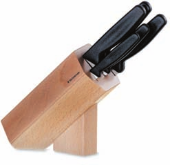 5.83.5 Block de cuchillos, soporte con 5 cuchillos, negro * Desglose del paquete 5.003 Cuchillo puntiagudo para verdura, hoja de 8 cm 5.0833 Cuchillo dentado para jitomates y salchichas, hoja de cm 5.