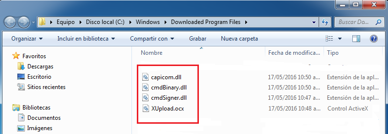 Anexo 3 Para verificar que se hayan descargado los controles ActiveX, realizar lo siguiente: En el Escritorio, hacer clic en el botón Iniciar, escribir C:\Windows\Downloaded Program Files en el