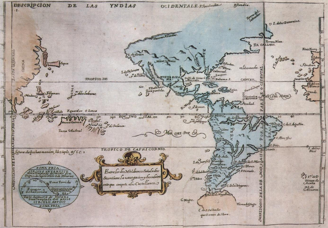 EL ANTIMERIDIANO OTORGA EL OCÉANO PACÍFICO A ESPAÑA Mapa de Juan López de Velasco, 1570, Entre los