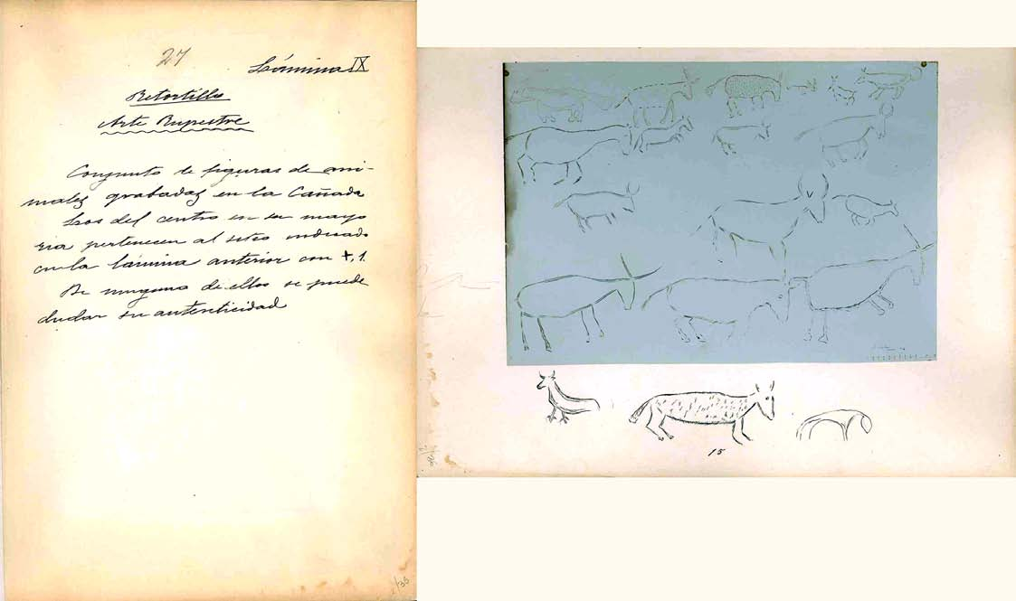 130 Magdalena Barril Vicente Fig. 4. Lámina y su descripción con dibujos de la Cueva de la Cañada en Retortillo (Cabré 1912-1917: II, lám. IX).