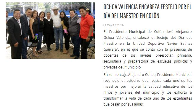 Ochoa Valencia encabeza festejo por el día del maestro en colón QUERÉTARO (17/may/2016).