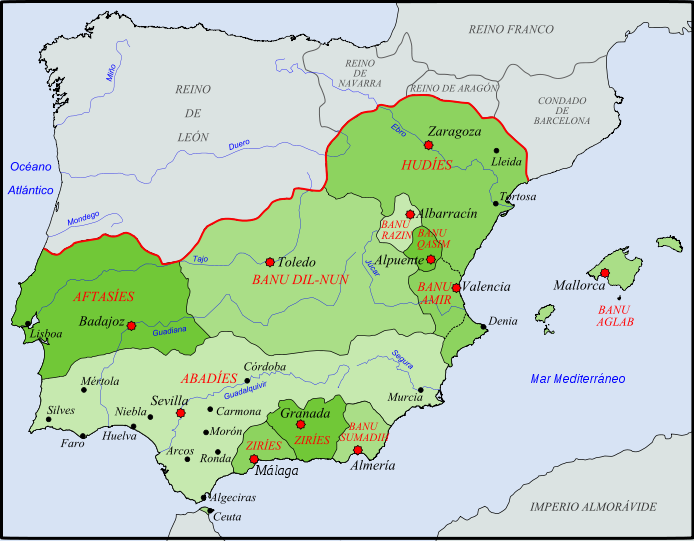 Aparición de los reinos Taifas (1009-1085) Taifas de Almería, Murcia, Alpuente, Arcos, Badajoz, Carmona, Denia, Granada, Huelva, Morón, Silves, Toledo, Tortosa, Valencia y Zaragoza.
