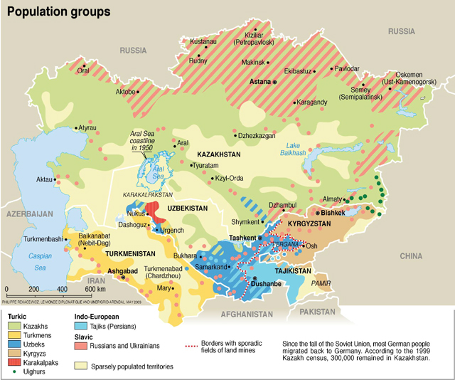 En el siguiente mapa 9 se observan los principales grupos étnicos de Asia Central, entre los que se encuentran los hablantes de las cinco lenguas mencionadas.