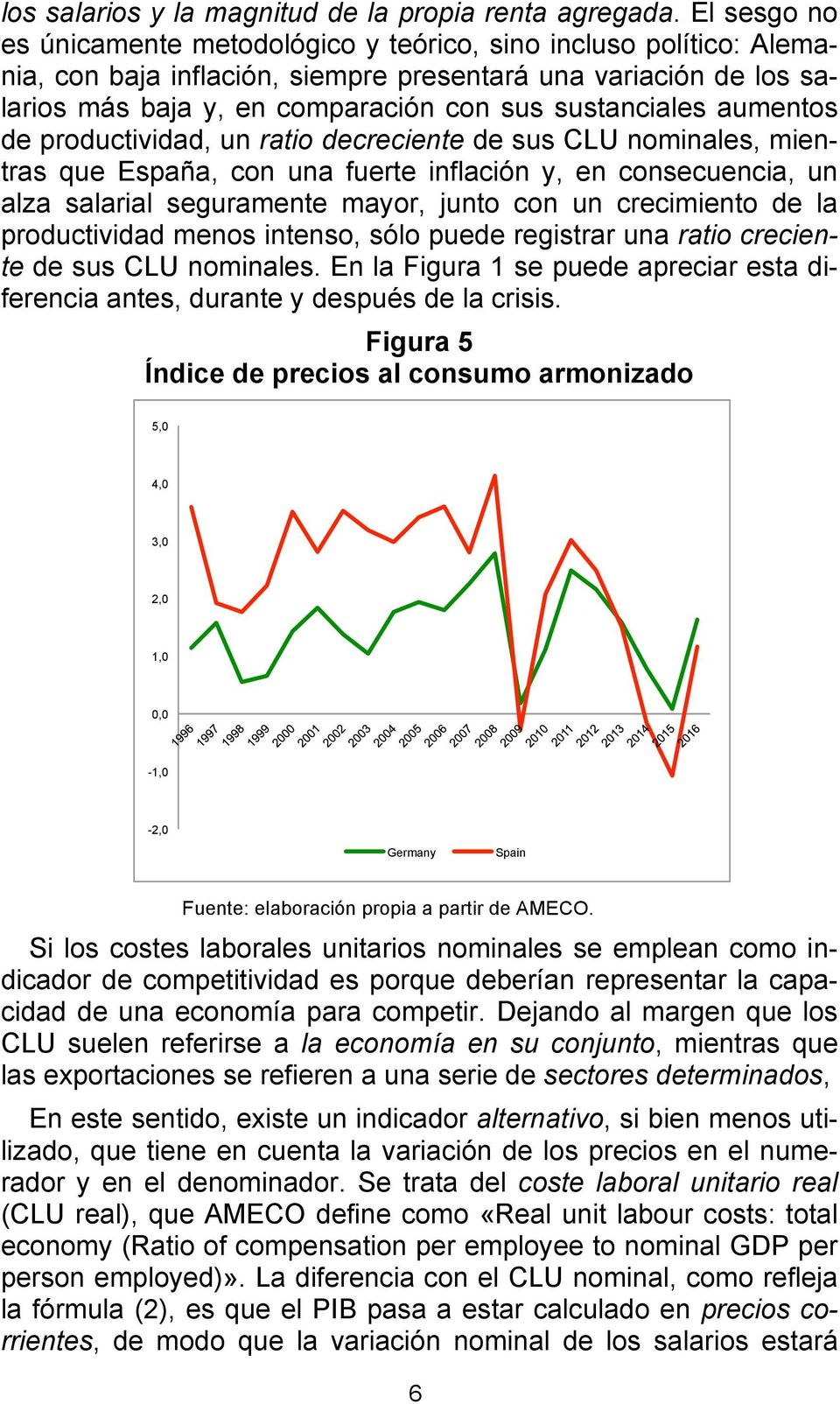 aumentos de productividad, un ratio decreciente de sus CLU nominales, mientras que España, con una fuerte inflación y, en consecuencia, un alza salarial seguramente mayor, junto con un crecimiento de