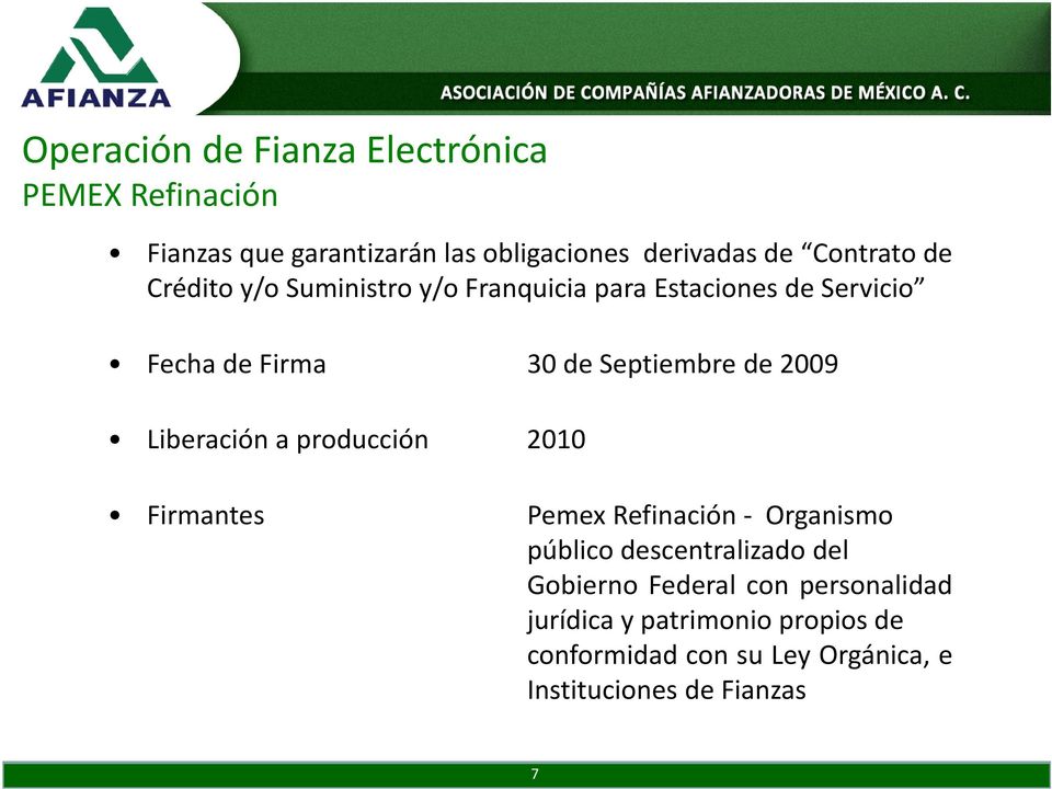de 2009 Liberación a producción 2010 Firmantes Pemex Refinación Organismo público descentralizado del Gobierno