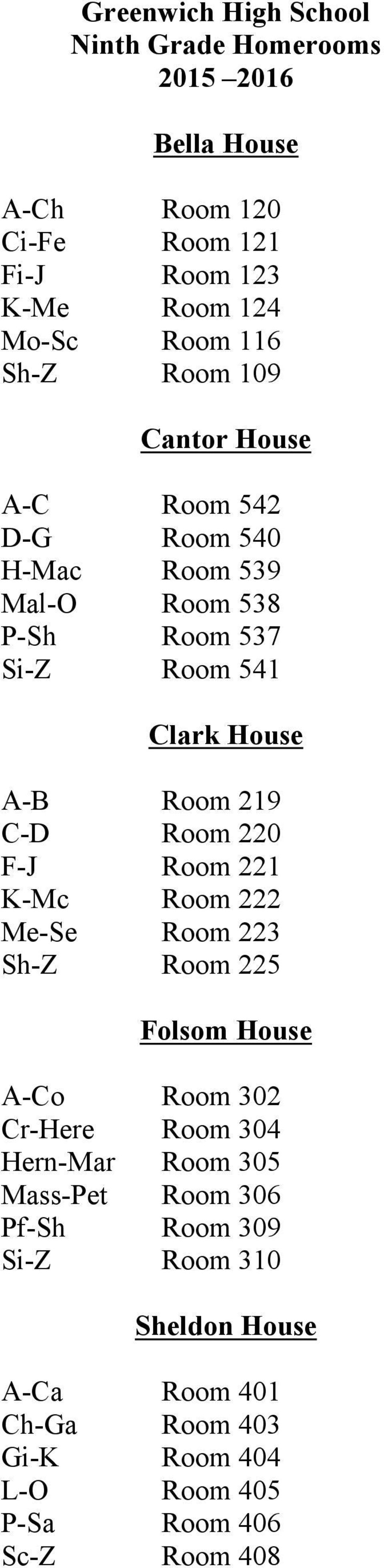 D Room 220 F J Room 221 K Mc Room 222 Me Se Room 223 Sh Z Room 225 Folsom House A Co Room 302 Cr Here Room 304 Hern Mar Room 305 Mass Pet